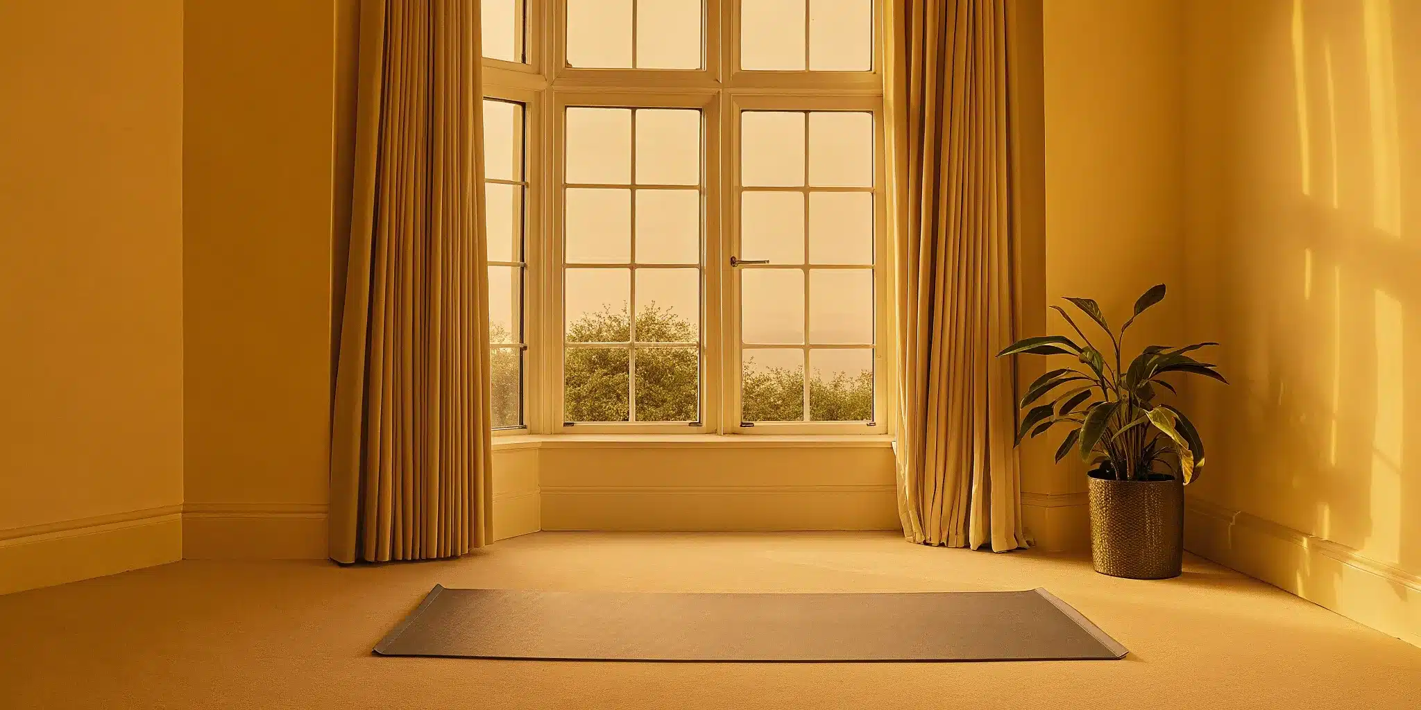 Woman stretching in minimalist home yoga space.
