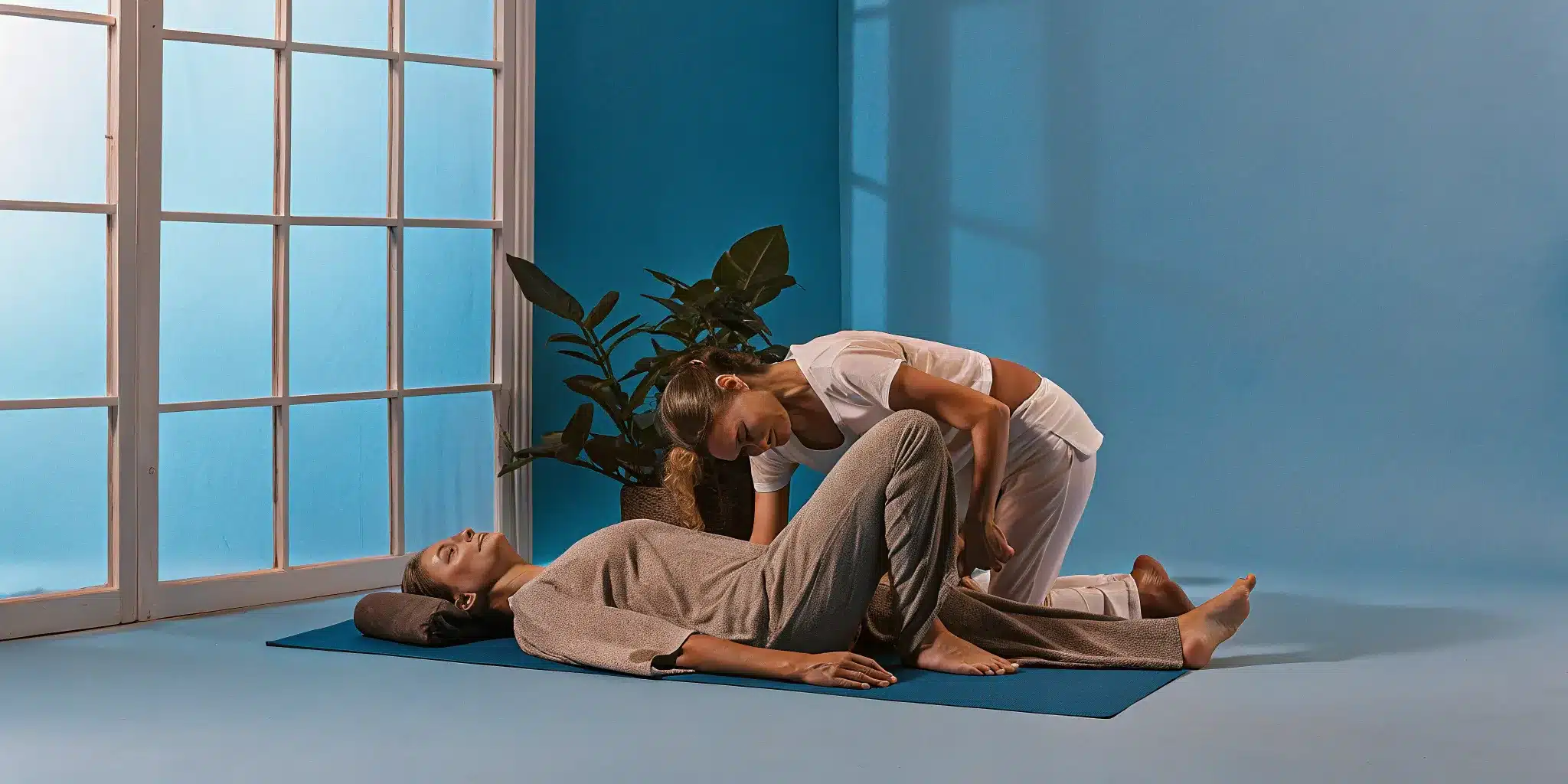 A physical therapist guides a patient through a stretch for uneven hips.