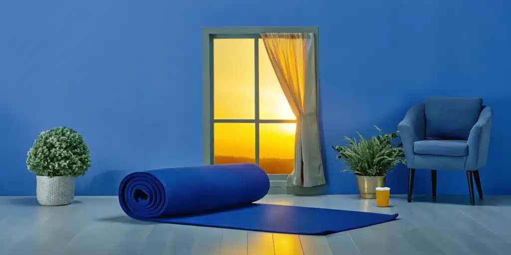 Yoga mat in a sunny room, ready for morning stretches for lower back pain relief.