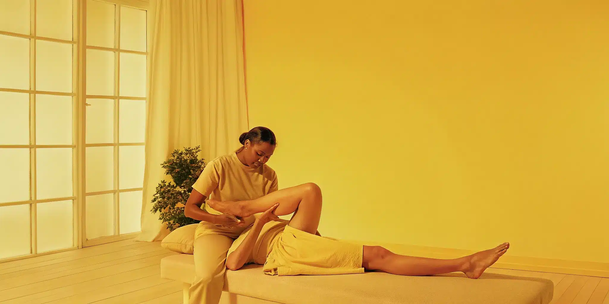 Therapist performing 1-on-1 assisted stretching on client.
