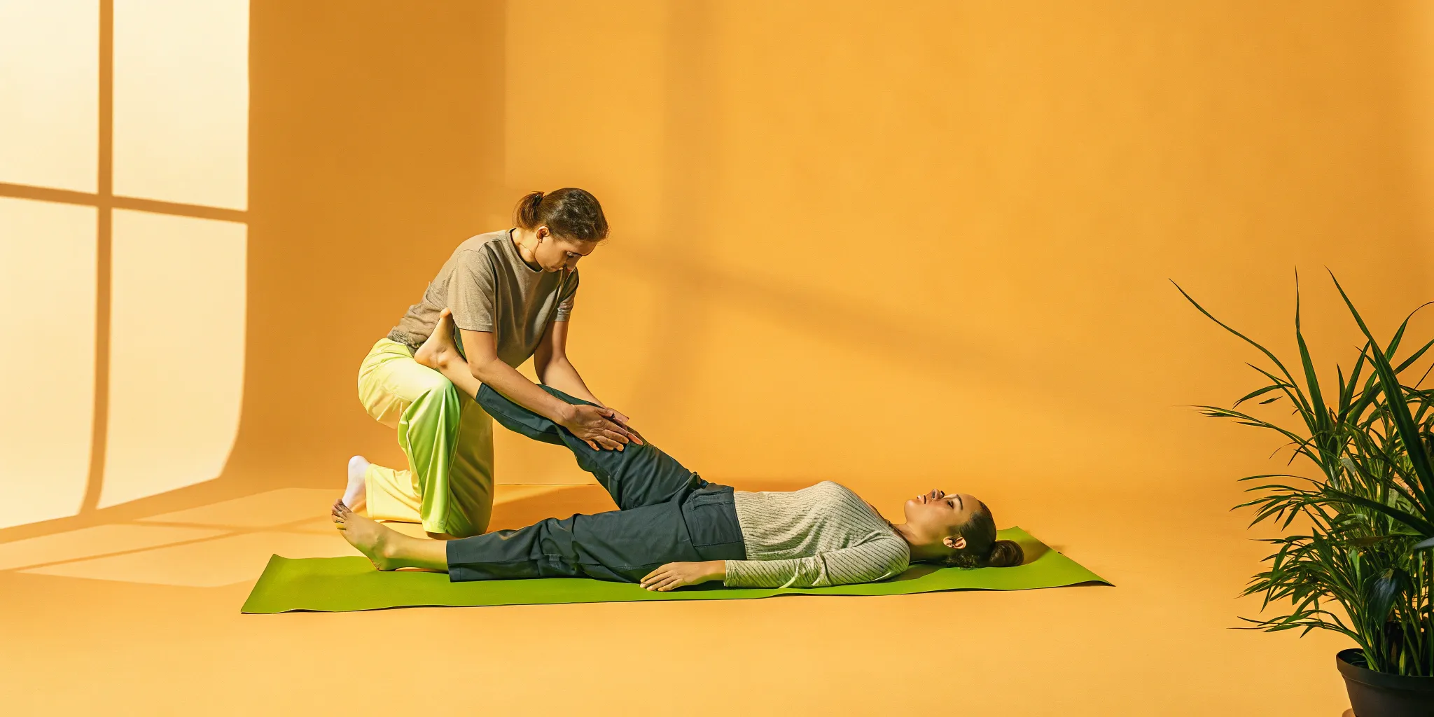 Partner-assisted PNF stretching exercise for tight hamstrings.