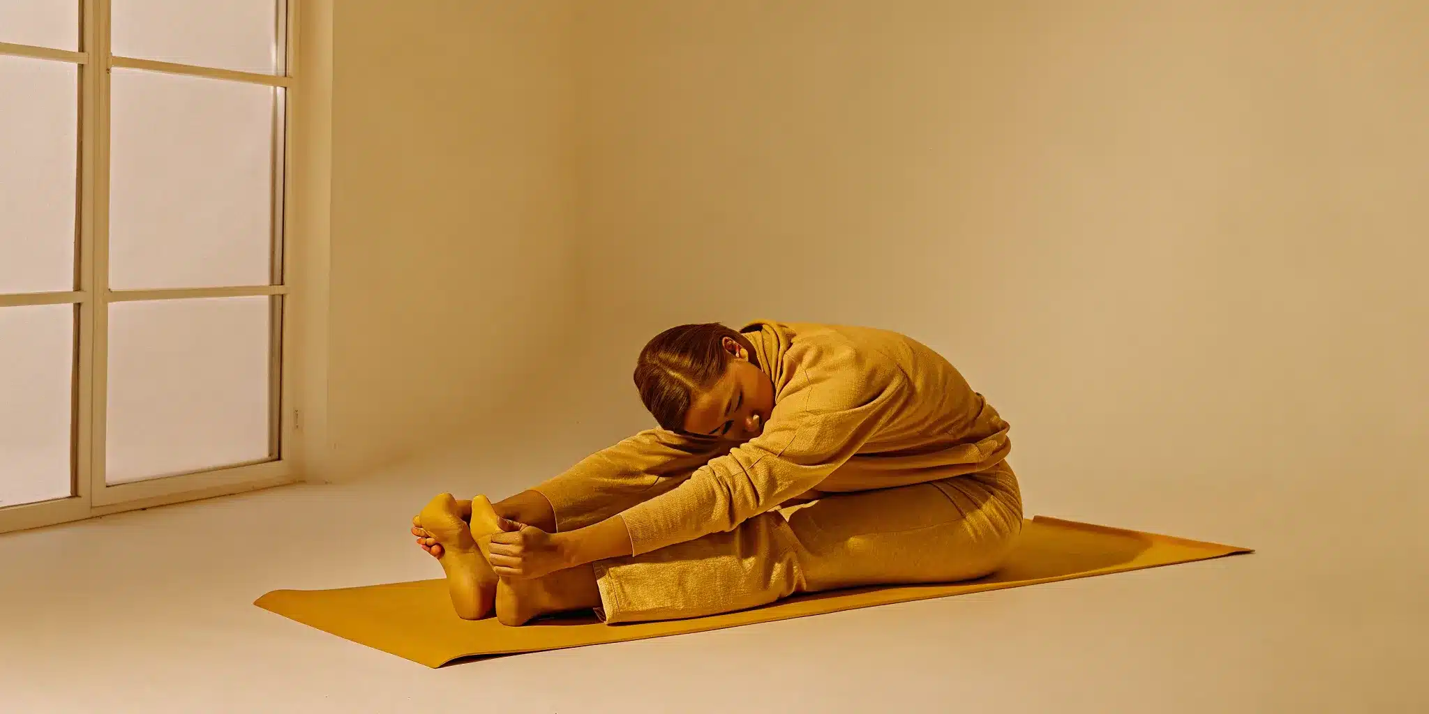 A beginner doing a seated forward fold mobility exercise.