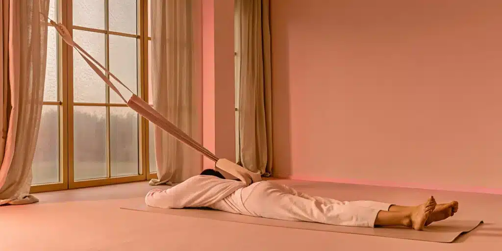 A person performing a PNF stretching technique on a mat with a strap.