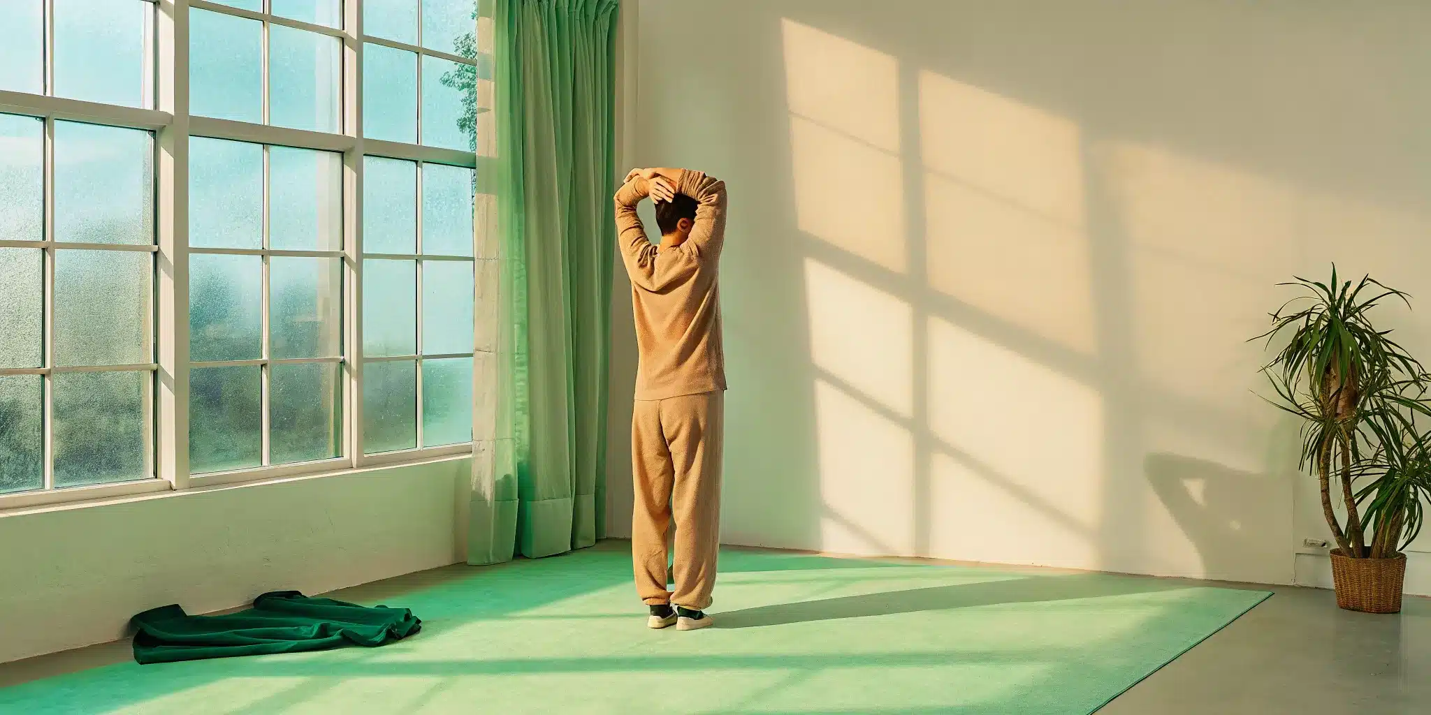 A person performs a standing stretch to loosen tight lower back muscles.