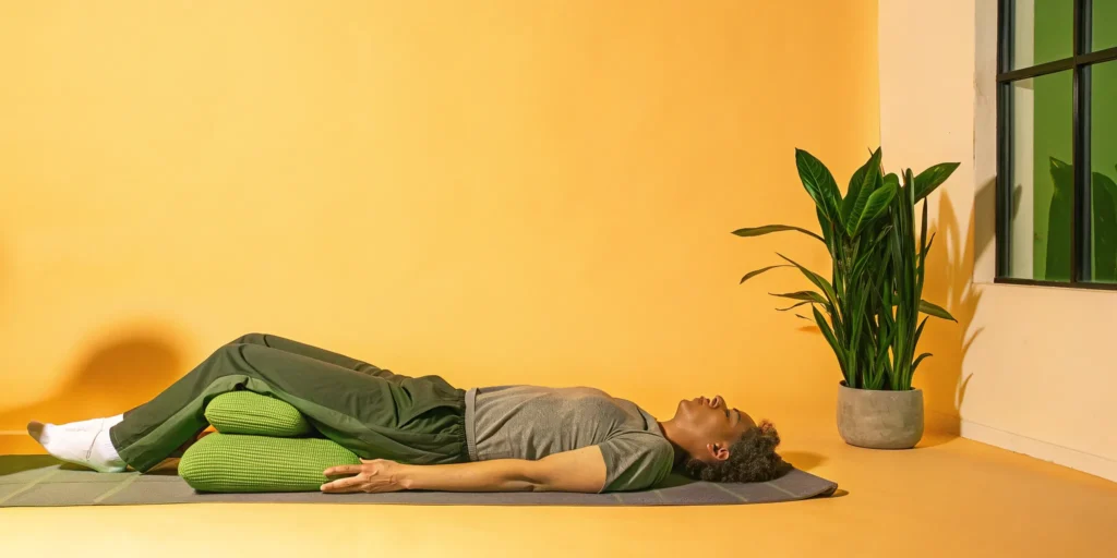 A person relaxes on their back with supported knees to loosen tight upper back muscles.