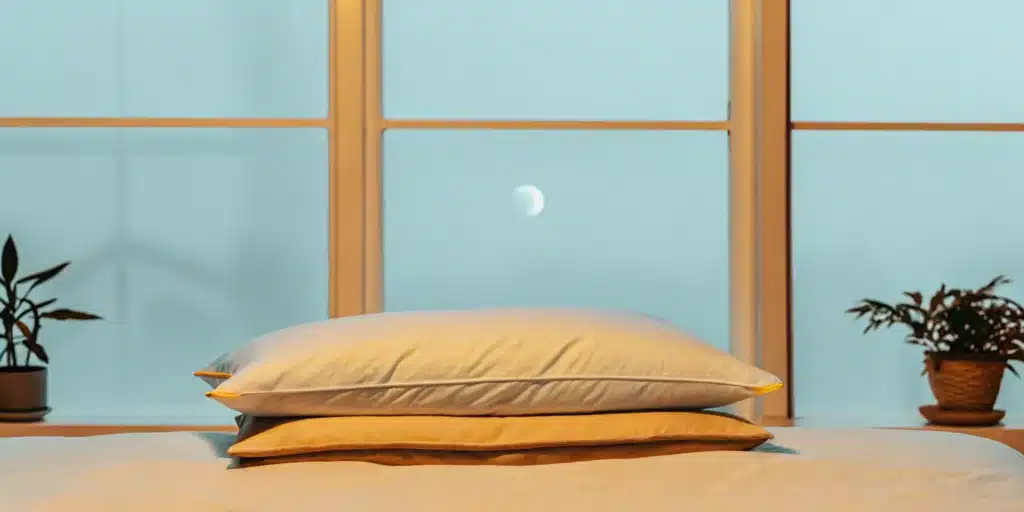 Pillows on a bed arranged to relieve lower back pain while sleeping.