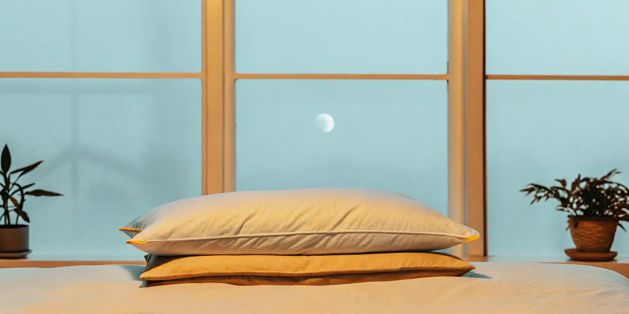 Pillows on a bed arranged to relieve lower back pain while sleeping.