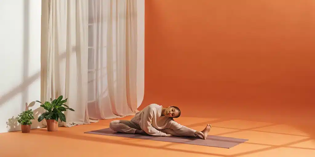 Woman doing stretching exercises for low back pain on a yoga mat.