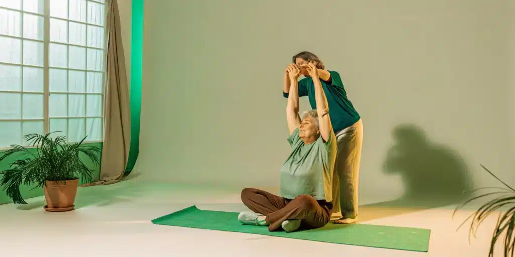An older woman performs a gentle shoulder mobility exercise for seniors.