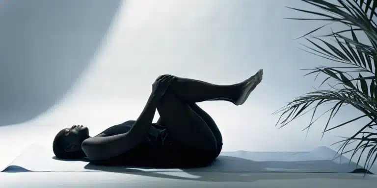 Person performing a supine hamstring stretch to relieve soreness in thighs.