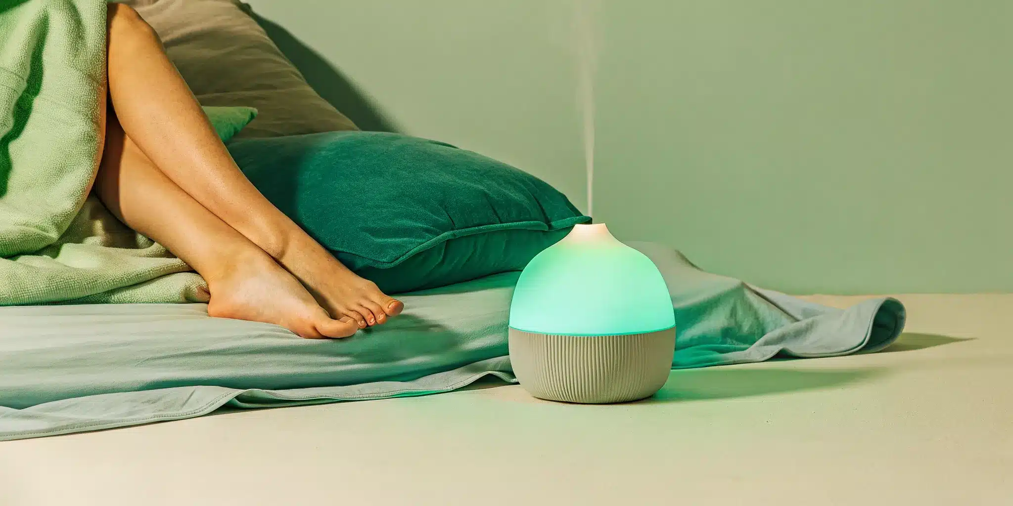 A woman relaxes her leg muscles at night by stretching in bed with an aromatherapy diffuser.