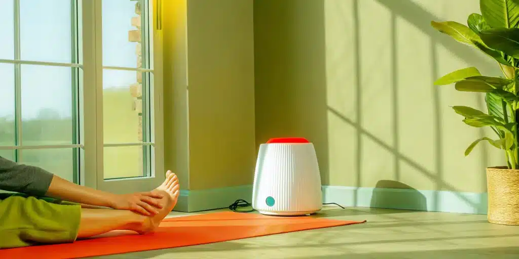 A person stretching on a yoga mat at home to relieve tight leg muscles.